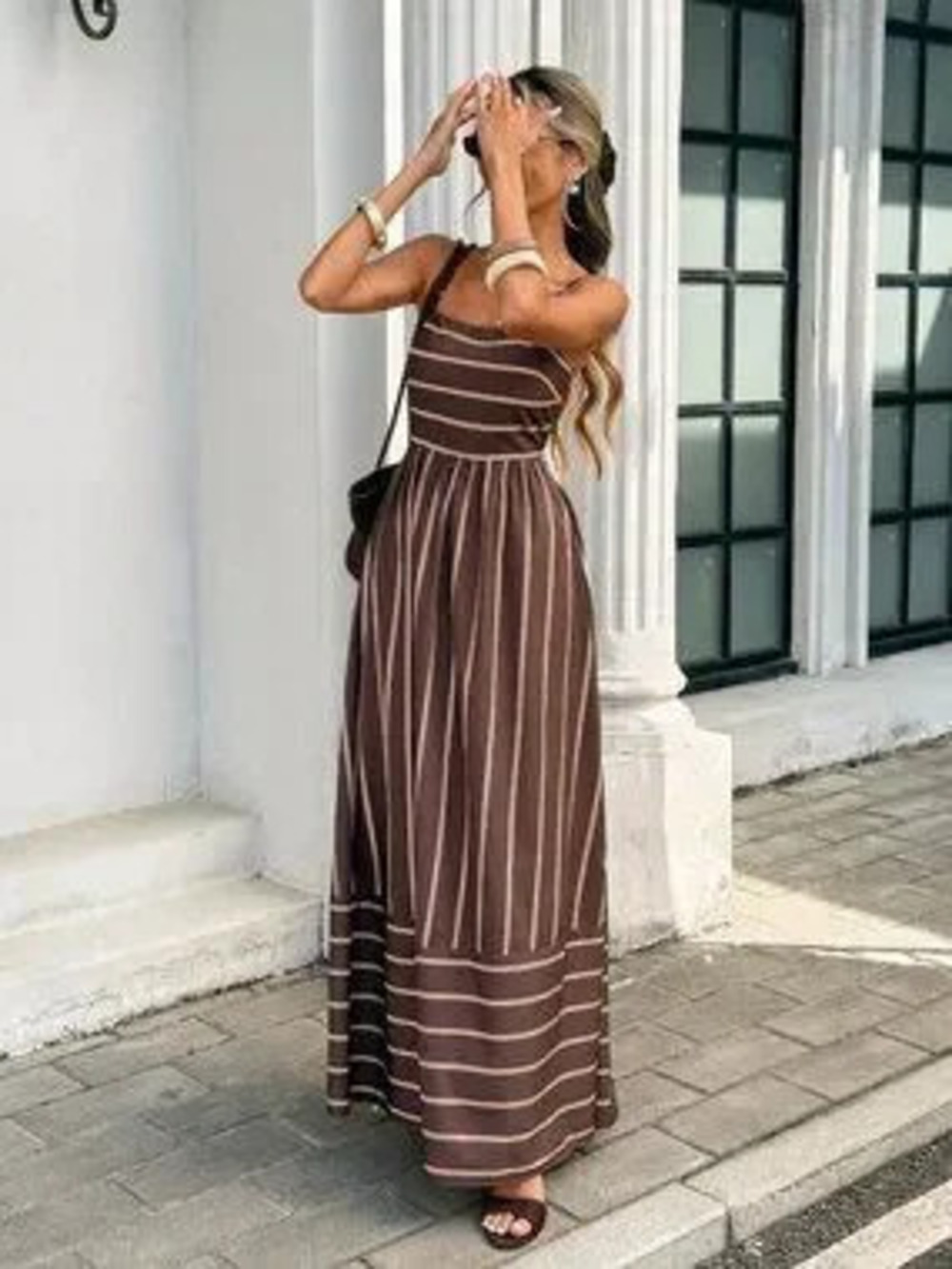 Brown Casual Women's Print Spaghetti Strap High-Waisted A-Line Dress